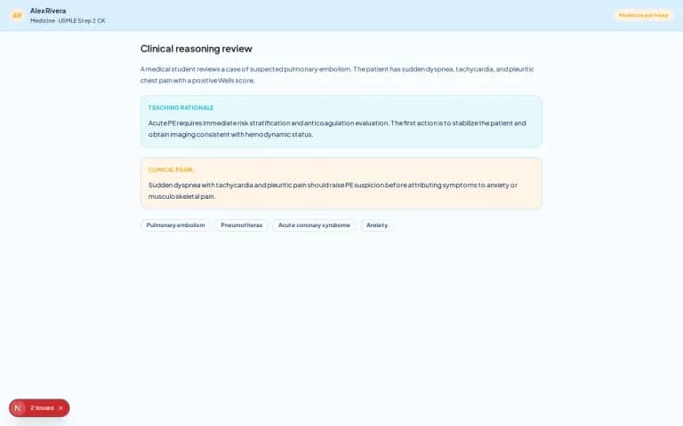 NurseNest clinical reasoning review for pulmonary embolism with rationale and pearl.