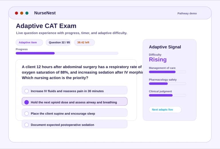 FNP adaptive CAT preview showing a question, answer options, progress, timer, and adaptive badge