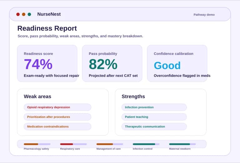 FNP readiness report preview showing readiness score, pass probability, weak areas, strengths, and mastery breakdown