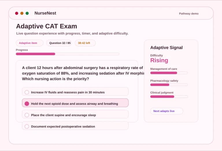 FNP adaptive CAT preview showing a question, answer options, progress, timer, and adaptive badge