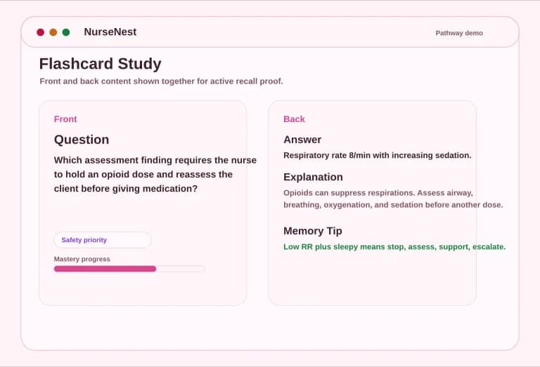 FNP flashcard preview showing front question and back answer, explanation, and memory tip