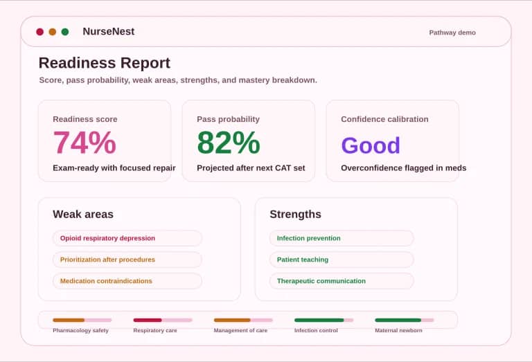FNP readiness report preview showing readiness score, pass probability, weak areas, strengths, and mastery breakdown