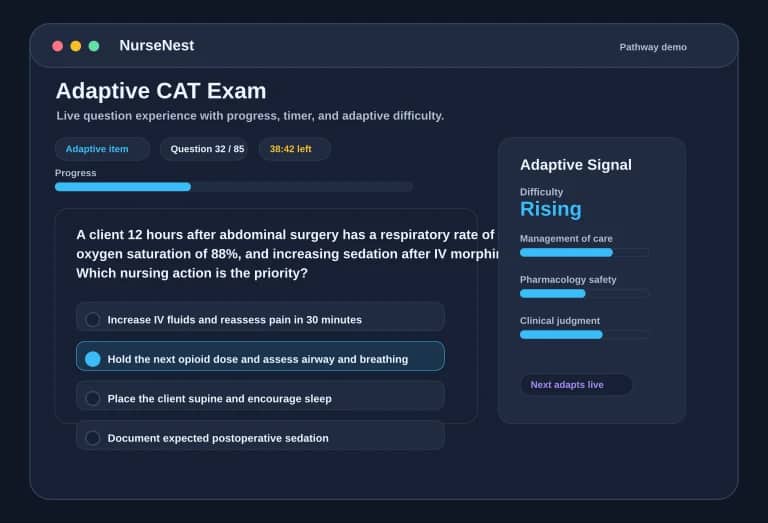 FNP adaptive CAT preview showing a question, answer options, progress, timer, and adaptive badge