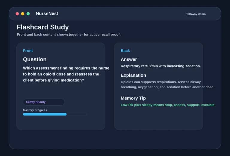 FNP flashcard preview showing front question and back answer, explanation, and memory tip