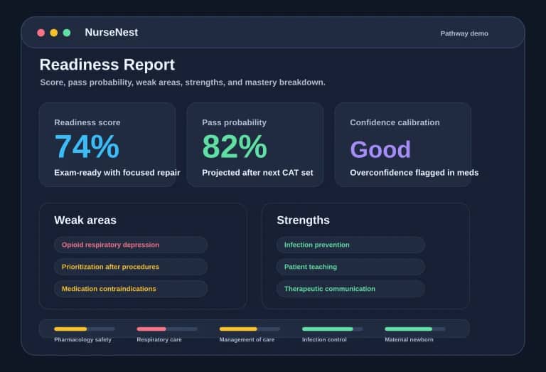 FNP readiness report preview showing readiness score, pass probability, weak areas, strengths, and mastery breakdown