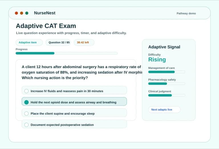 FNP adaptive CAT preview showing a question, answer options, progress, timer, and adaptive badge