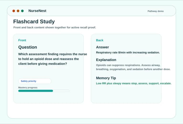 FNP flashcard preview showing front question and back answer, explanation, and memory tip
