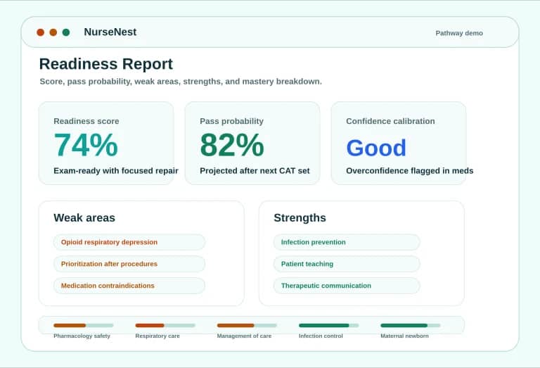 FNP readiness report preview showing readiness score, pass probability, weak areas, strengths, and mastery breakdown