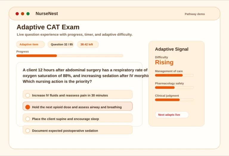 FNP adaptive CAT preview showing a question, answer options, progress, timer, and adaptive badge