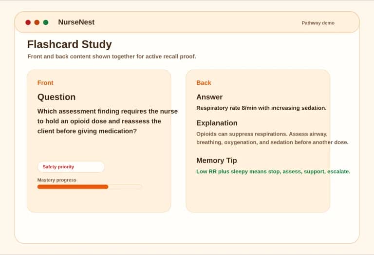 FNP flashcard preview showing front question and back answer, explanation, and memory tip