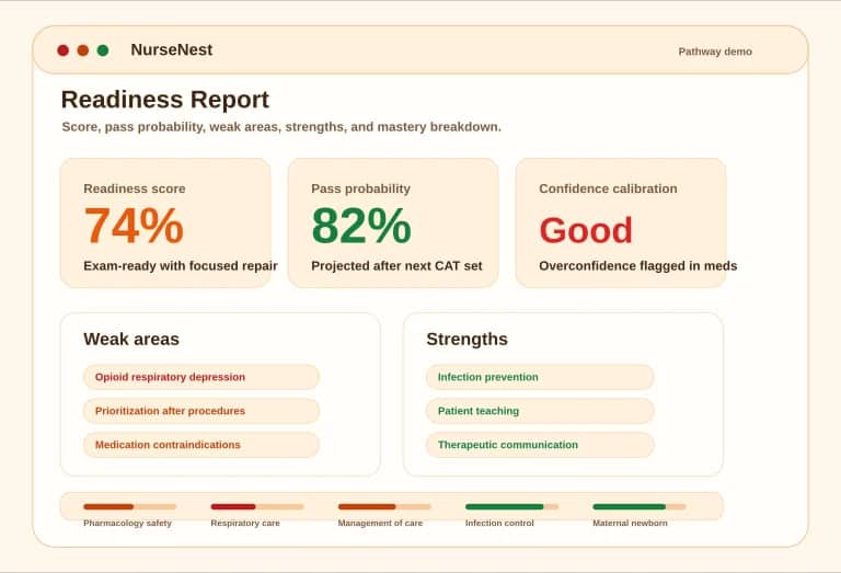FNP readiness report preview showing readiness score, pass probability, weak areas, strengths, and mastery breakdown