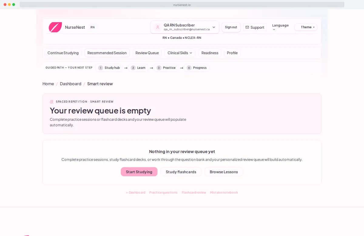 NurseNest smart review screen showing four groups: High Priority Fixes, Needs Review, Uncertain Knowledge, and Strong Areas.