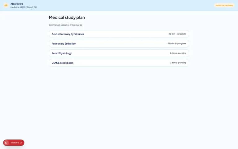 NurseNest medical study plan with block exam tasks and session timing.