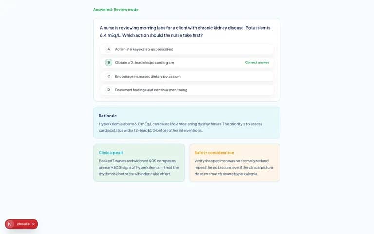 NurseNest practice question showing selected answer, correct answer, rationale, and clinical teaching feedback.