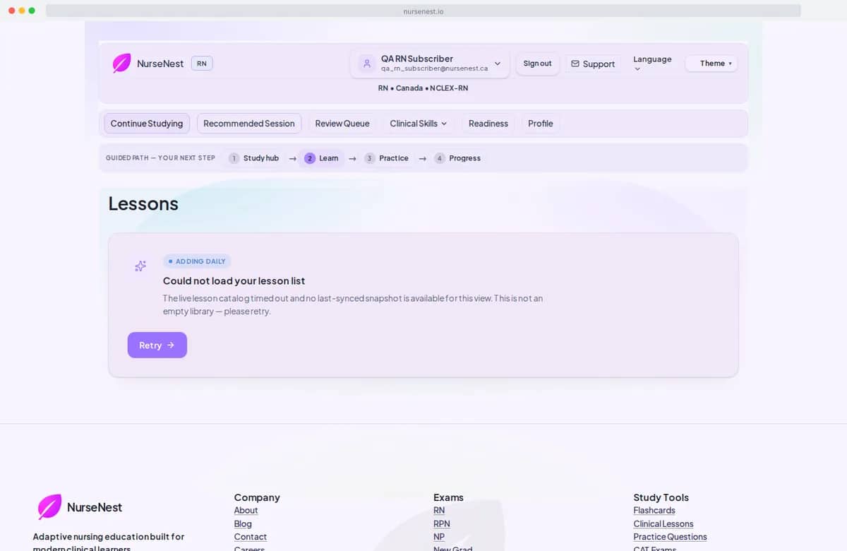 NurseNest lesson page showing a structured clinical topic lesson with section cards for pathophysiology, signs and symptoms, and nursing care.