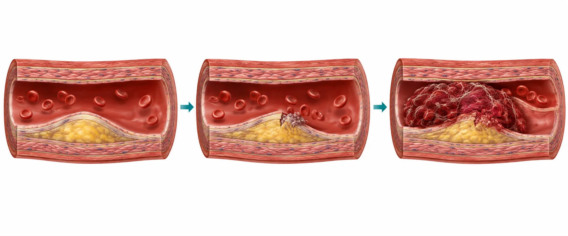 Three-stage illustration from NurseNest cardiovascular lessons: a coronary artery with an intact fatty plaque, the plaque cap rupturing, and a blood clot forming over the rupture to narrow the vessel.