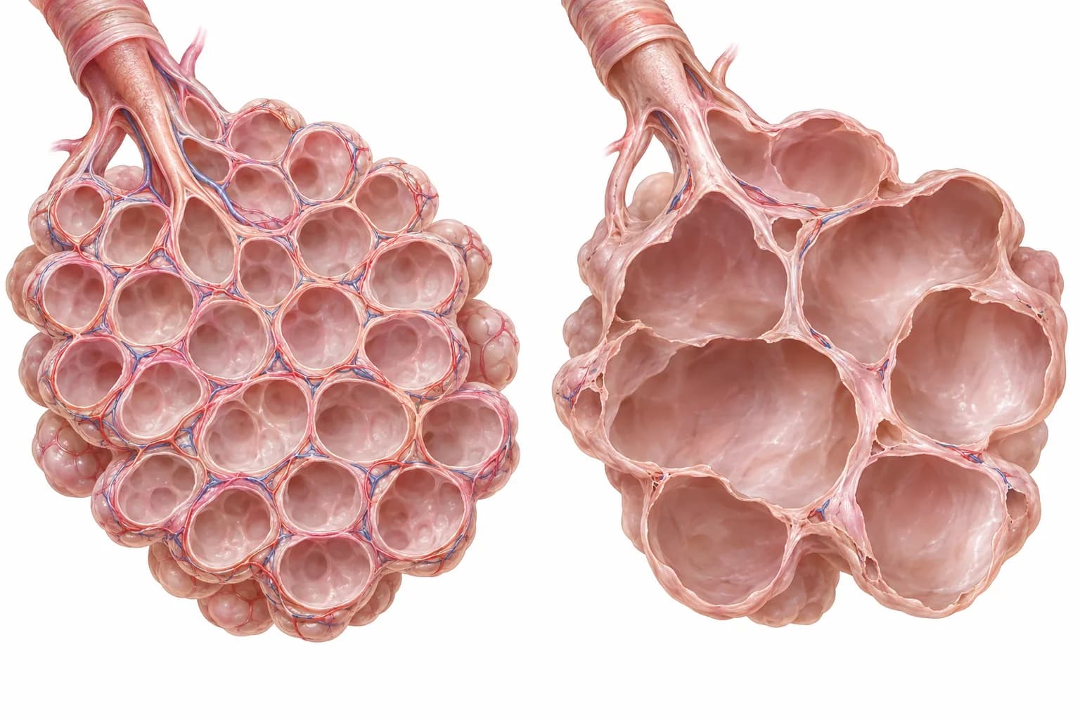 Illustration from NurseNest respiratory lessons comparing a cluster of healthy alveoli with emphysematous alveoli whose walls have broken down into a few large air spaces.