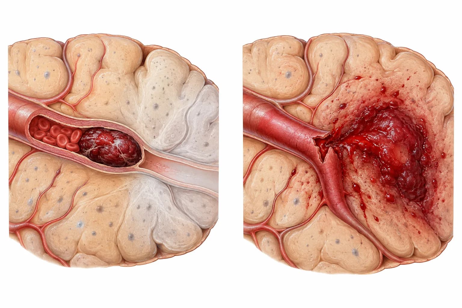 Illustration from NurseNest neurologic lessons comparing an ischemic stroke, where a clot blocks a brain artery, with a hemorrhagic stroke, where a ruptured vessel bleeds into brain tissue.