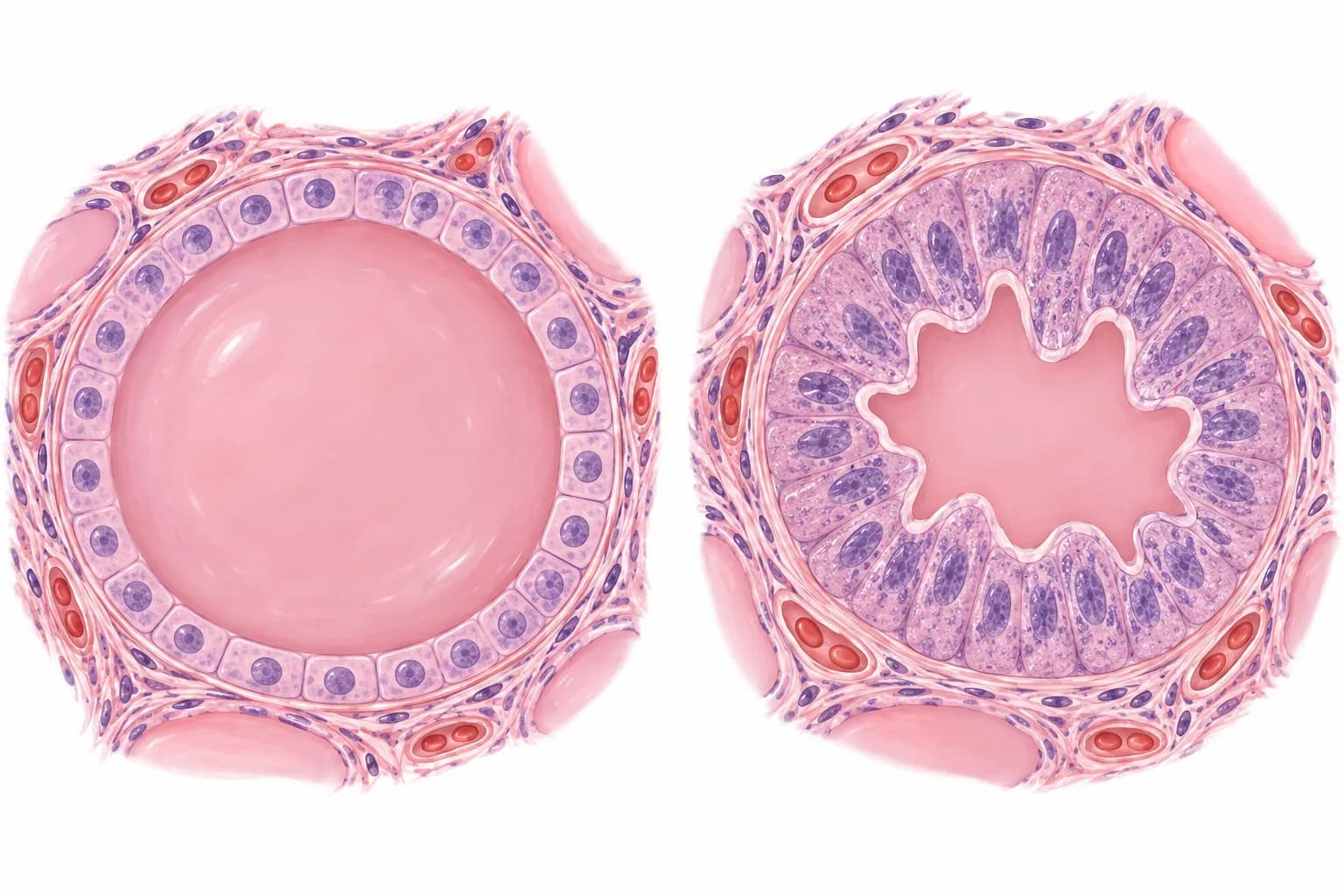 Microscopic illustration from NurseNest endocrine lessons comparing a normal thyroid follicle full of colloid with an overactive Graves follicle lined by tall, crowded cells.