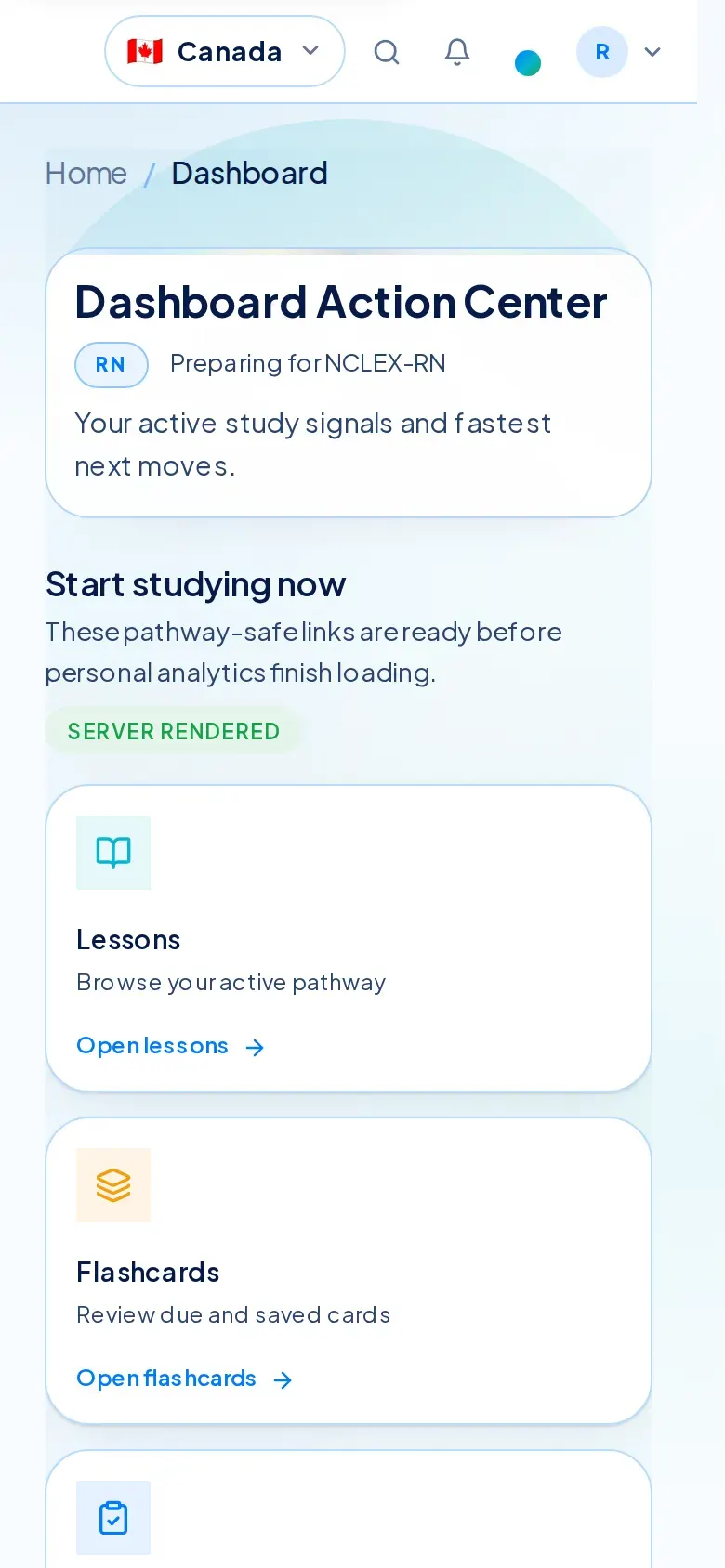 NurseNest learner dashboard on a phone screen showing the Dashboard Action Center and Start studying now cards.