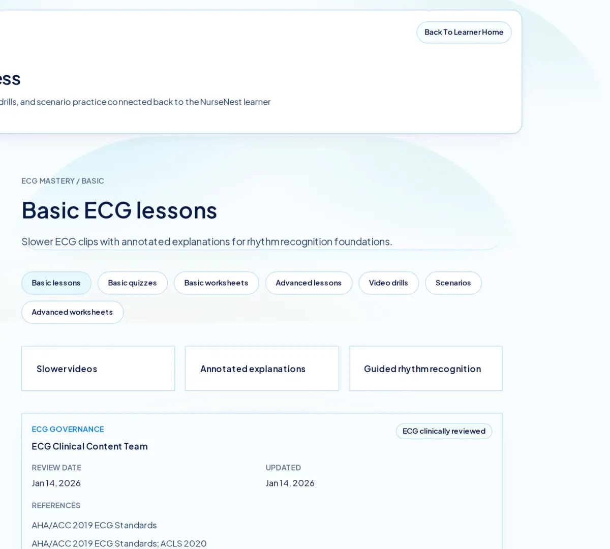 NurseNest ECG workstation showing Basic ECG lessons with Slower videos, Annotated explanations and Guided rhythm recognition cards, and an ECG governance panel marked clinically reviewed.