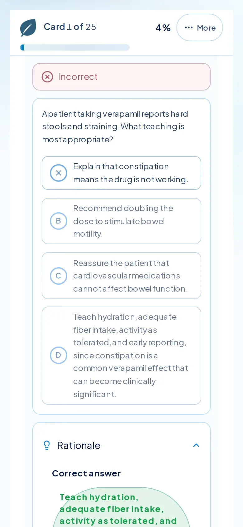 NurseNest flashcard on a phone screen, answered, with the correct option highlighted and the rationale panel below.