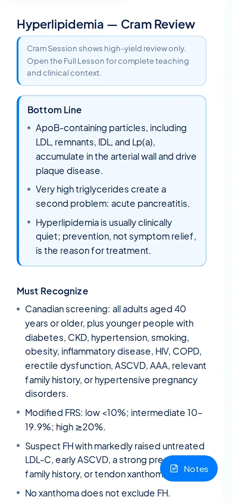 NurseNest Hyperlipidemia Cram Session on a phone screen showing the Bottom Line card and Must Recognize bullets.