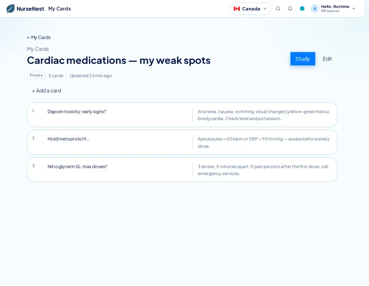 NurseNest My Cards deck titled Cardiac medications — my weak spots with three cards listing digoxin toxicity signs, when to hold metoprolol, and nitroglycerin dosing, with Study and Edit buttons.