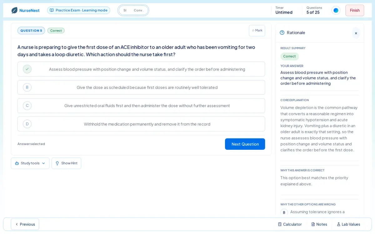 NurseNest answered practice question marked Correct, with a rationale panel showing the result summary, your answer, a core explanation about volume depletion and ACE inhibitors, and why the other options are wrong.