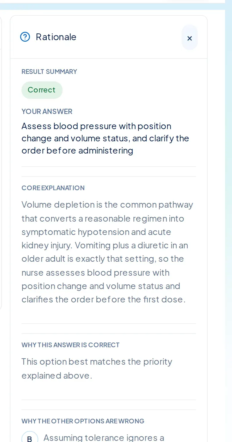 Close-up of the NurseNest rationale panel with Result summary Correct, Your answer, Core explanation and Why this answer is correct sections.